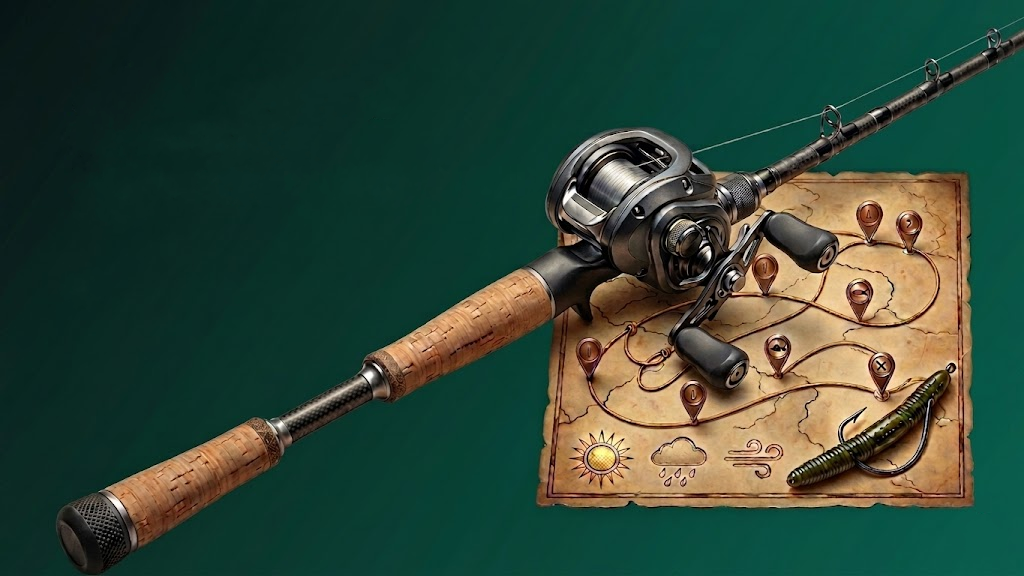 Fishing rod, reel, lure, and location map artwork