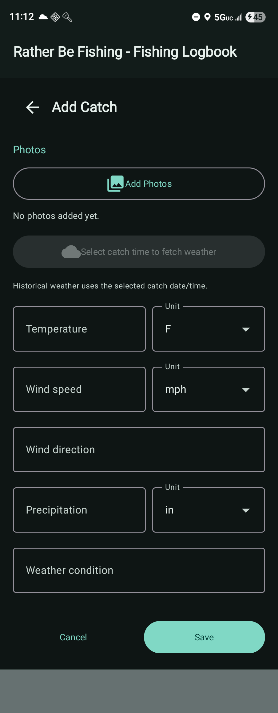 Catch weather fields screen