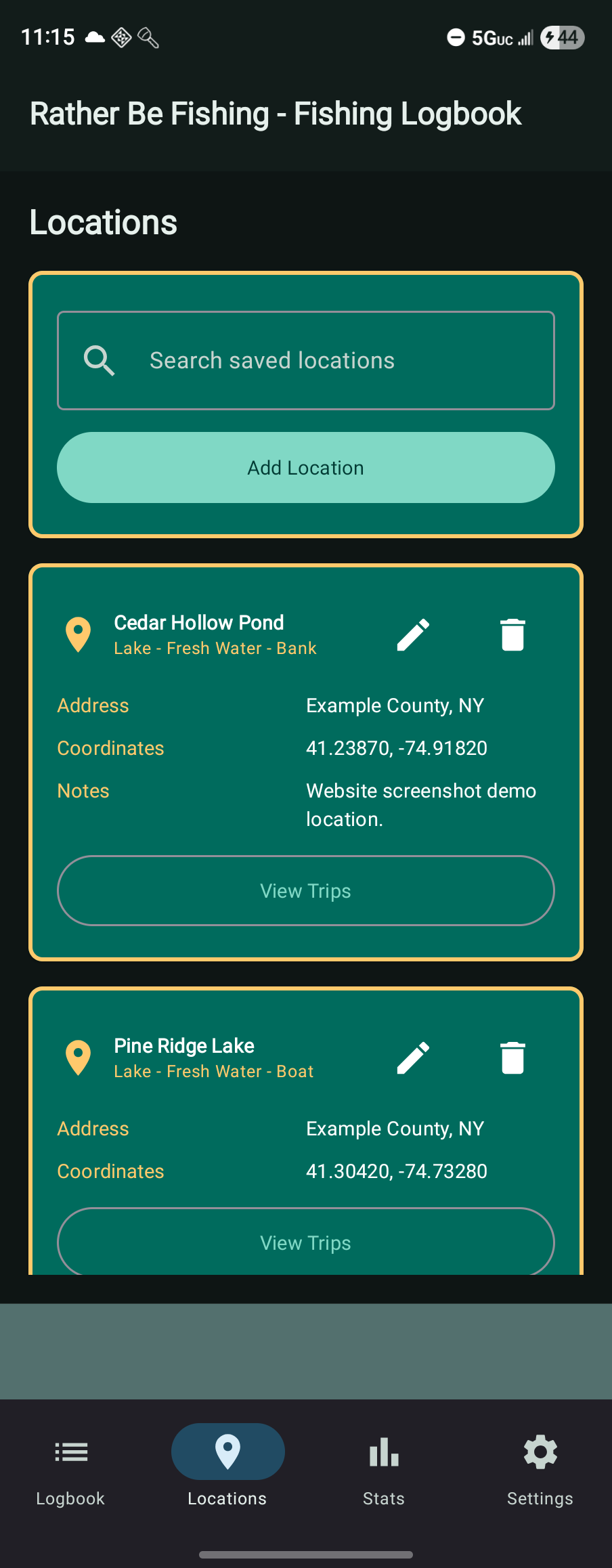 Locations screen